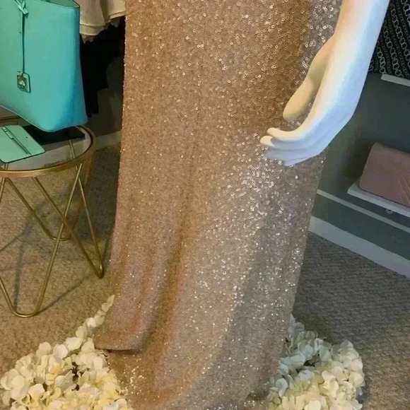 Sorella Vita Cowl Back Sequin Gown Drape Back Gold Cap Sleeve Maxi Dress Sz: 16 - Picture 14 of 15